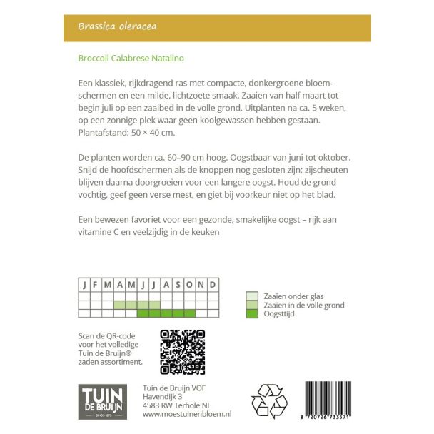 Duidelijke zaai-instructie voor de broccoli zaden van Tuin de Bruijn