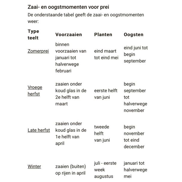 Zaai- en oogstmomenten voor prei 